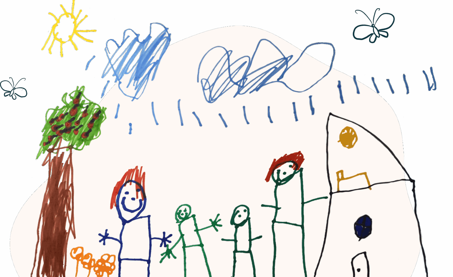 Bērna zīmējums ar četriem cilvēkiem (divi lielāki, divi mazāki), māja, koks, mākoņi, saule un kukaiņi
