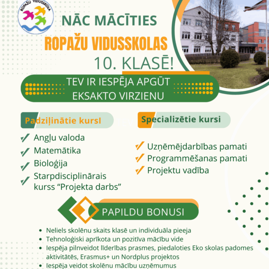 Plakāts ar uzaicinājumu nākt mācīties Ropažu vidusskolas 10.klasē, kurā ir redzams skolas logo un skolas attēls