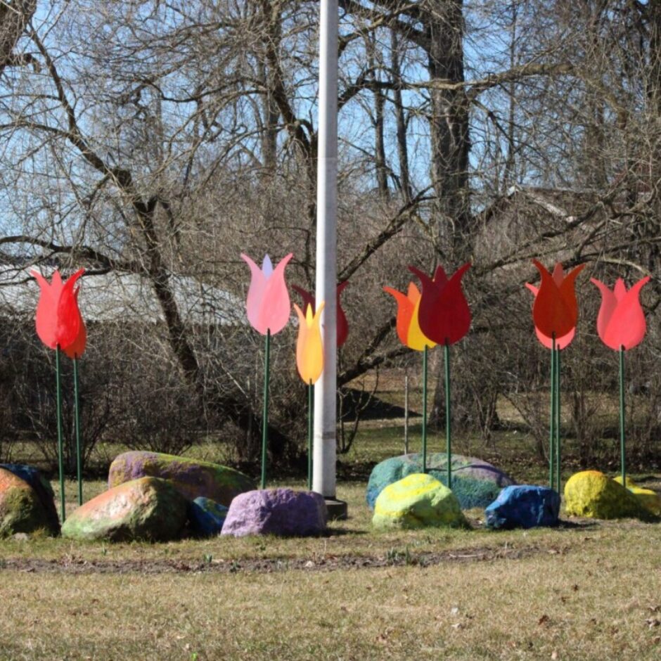 Ainava ar mākslas instalāciju, kurā redzami lieli, spilgti krāsoti tulpju veida izgriezumi un krāsoti akmeņi. Septiņas tulpes ir sarkanā, rozā, oranžā un dzeltenā krāsā, katra uz zaļa kāta. Zem tulpēm atrodas lieli akmeņi, kas daļēji krāsoti zaļā, purpursarkanā, dzeltenā un zilā tonī. Fonā kaili koki un zilas debesis.