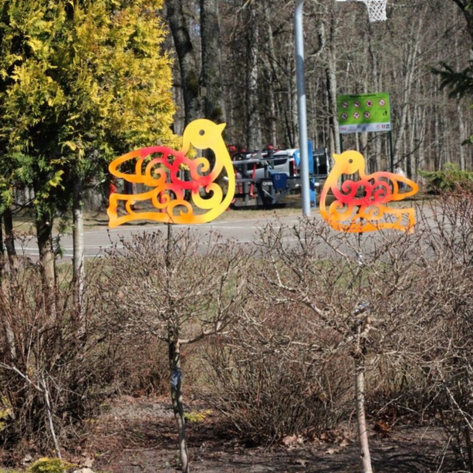 Divas dekoratīvas, dzeltenas un oranži sarkanas putnu figūras ar ornamentiem stāv parkā starp krūmiem. Fonā redzams ceļš, koki un basketbola grozs.