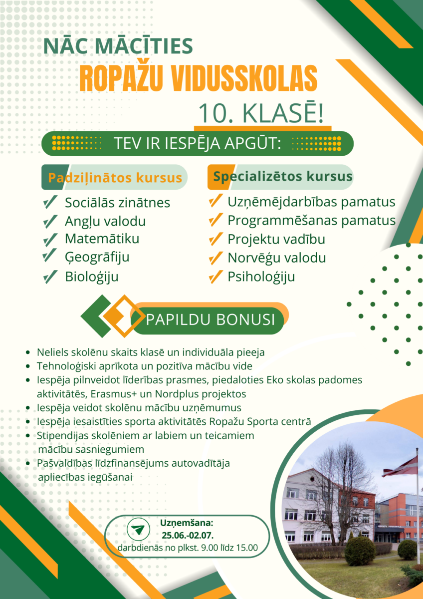 Plakāts par uzņemšanu Ropažu vidusskolas 10.klasē ar skolas ēkas fragmentu.Norādīti visi bonusi, padzīļinātie un specializētie macību priekšmeti