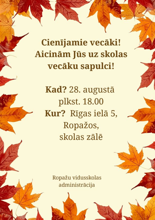 Plākāts ar kļavu lapām par vecāku sapulci, kura notiks 28.08. plkst. 18,00