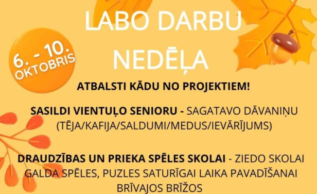 Rudenīgs fons ar tējas krūzi, ābolu, grāmatām un sveci, plākāts par labo darbu nedēļu no 6.-10.oktobrim
