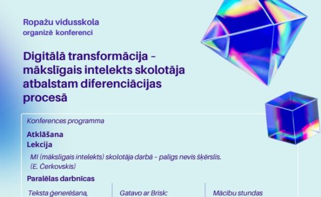 Zils ar ģeometriskām figūrām veidotd plakāts ar konferences programmu