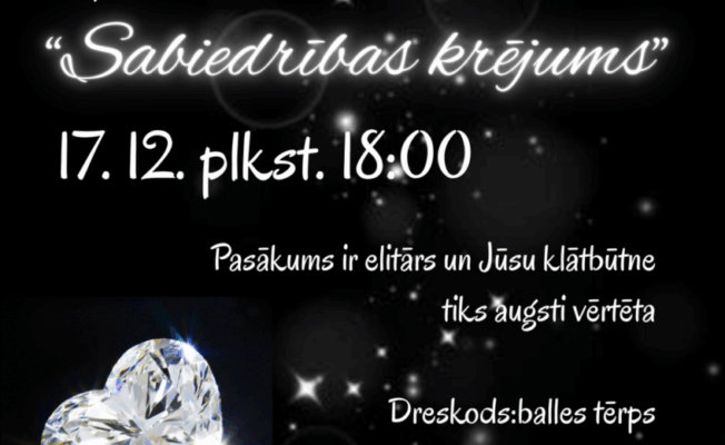 Uz melna fona sudraba dimanti un teksts ar aicinājumu uz balli