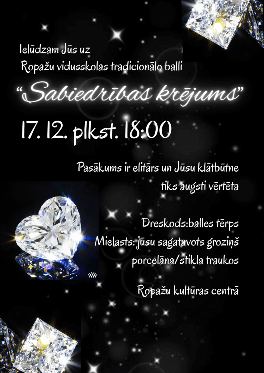 Uz melna fona sudraba dimanti un teksts ar aicinājumu uz balli