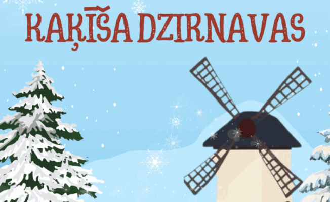 Ziemas fons ar eglēm, sniegu un dzirnavām