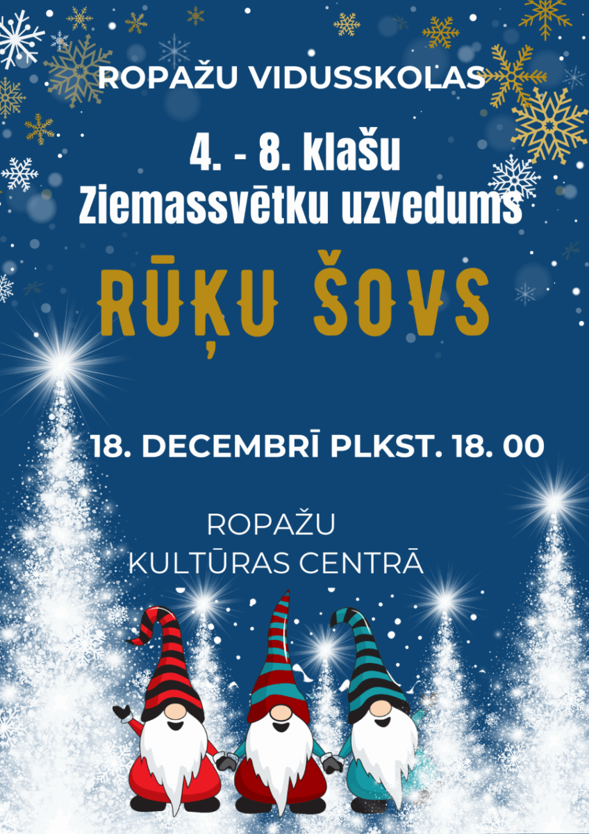 Zils fons ar sniegpārslām, baltām eglītēm un 3 rūķiem