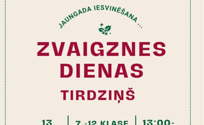 Zvaigznes dienas tirdziņš - zīmēti cilvēki tirgus laukumā, priekšā 2 egles ziemā