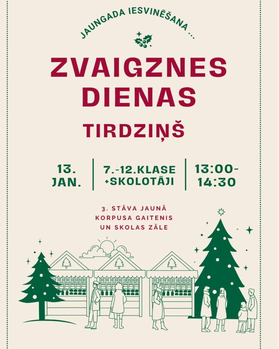 Zvaigznes dienas tirdziņš - zīmēti cilvēki tirgus laukumā, priekšā 2 egles ziemā