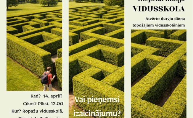 Vīrietis ar mugursomu iet lielā zaļā dzīvžogu labirintā. Attēlā ir teksts: 