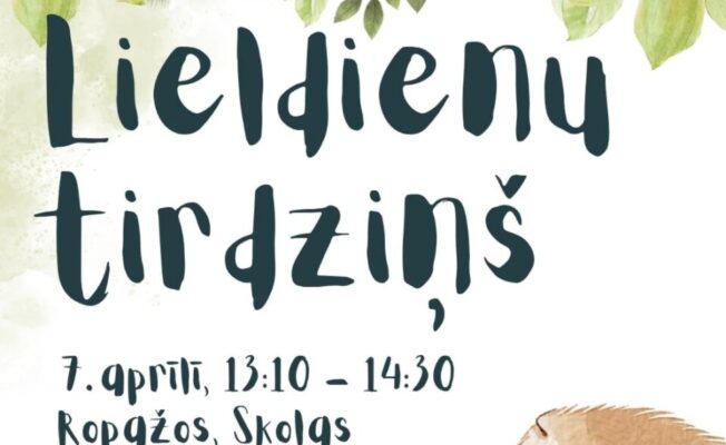 Plakāts ar akvareļa zaļām lapām fonā un brūnu trusi labajā pusē.