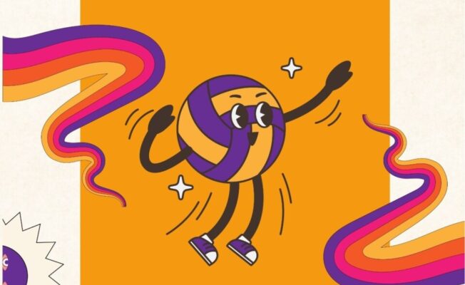 Plakāts ar multfilmas volejbola bumbas tēlu purpura un oranžos toņos, kas lēkā priecīgs.